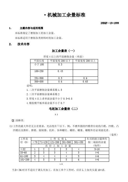 磨削加工余量标准