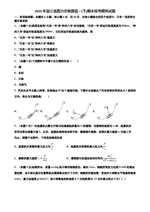 2020年浙江省嘉兴市物理高一(下)期末统考模拟试题含解析