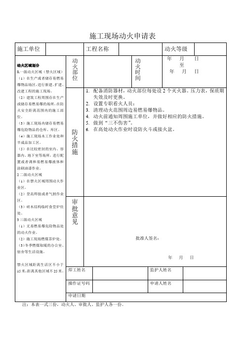 施工现场动火申请表