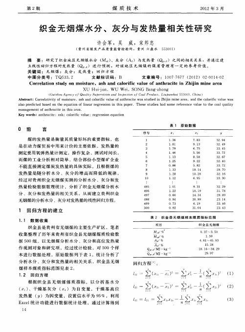 织金无烟煤水分、灰分与发热量相关性研究