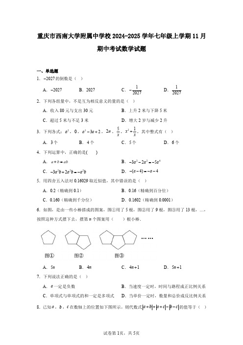 重庆市西南大学附属中学校2024-2025学年七年级上学期11月期中考试数学试题