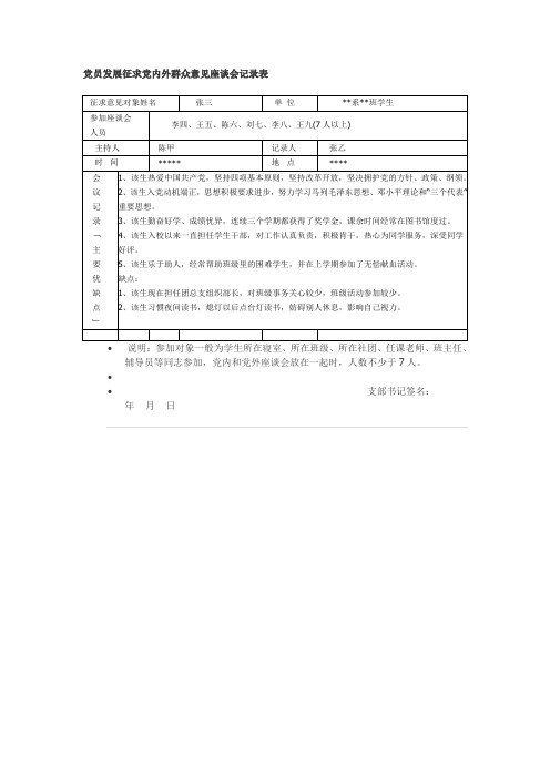 党员发展征求党内外群众意见座谈会记录表