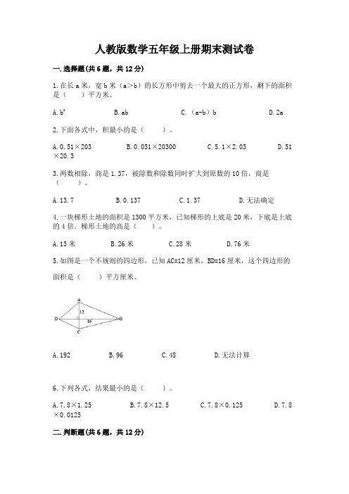 人教版数学五年级上册期末测试卷附完整答案(精选题)