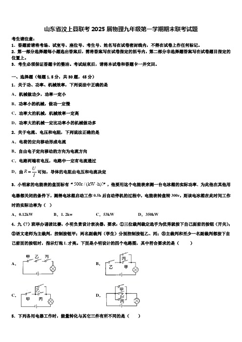 山东省汶上县联考2025届物理九年级第一学期期末联考试题含解析