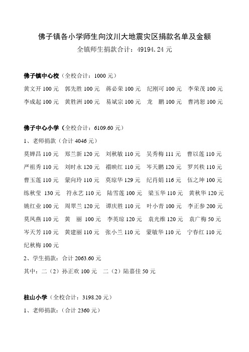 佛子镇各小学师生向汶川大地震灾区捐款名单及金额