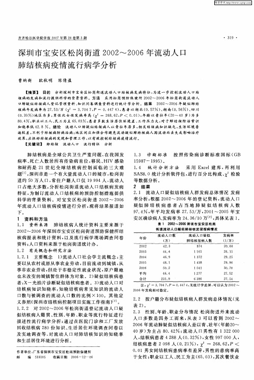 深圳市宝安区松岗街道2002~2006年流动人口肺结核病疫情流行病学分析