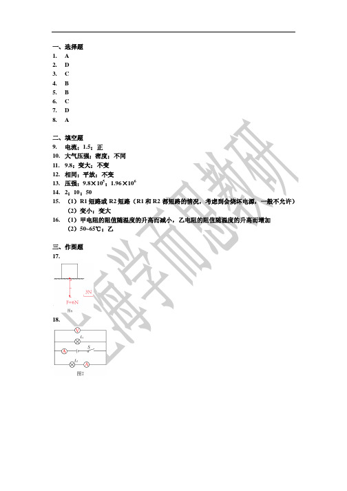 _2015上海浦东新区中考一模物理答案_