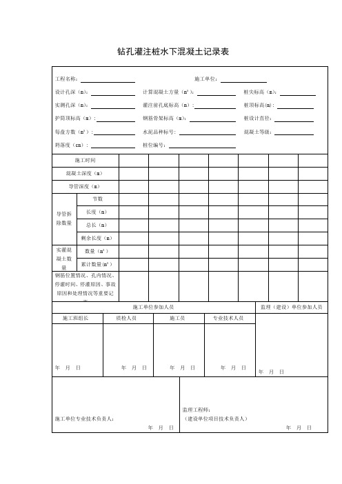 钻孔灌注桩水下混凝土记录表