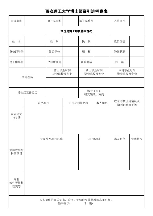 西安理工大学专任教师引进考察表