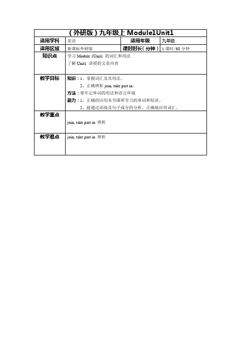 外研版初三上学期,第一模块教案