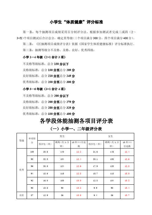 小学生体质健康测试评分标准