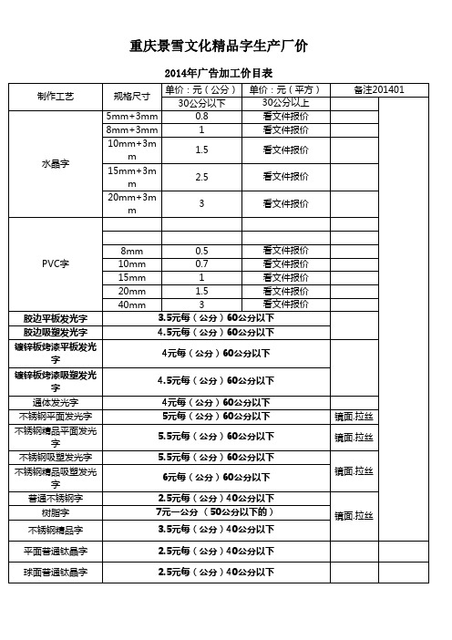 2014年重庆景雪文化广告户外LED发光字重庆市场价格表