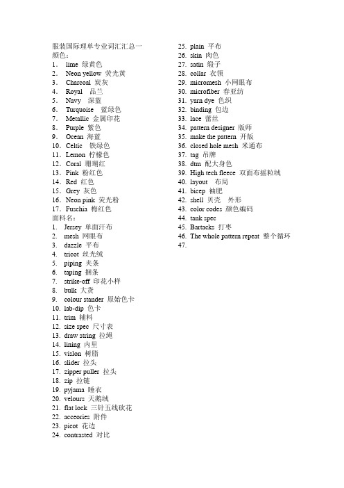 服装国际理单专业词汇一