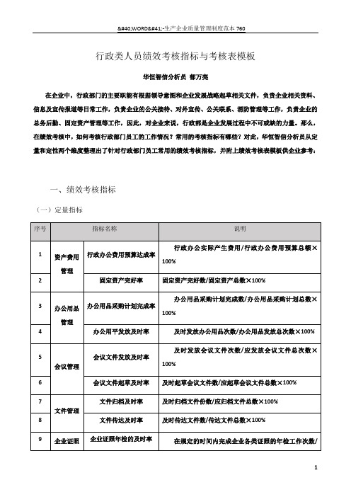 行政人员绩效考核指标与模板