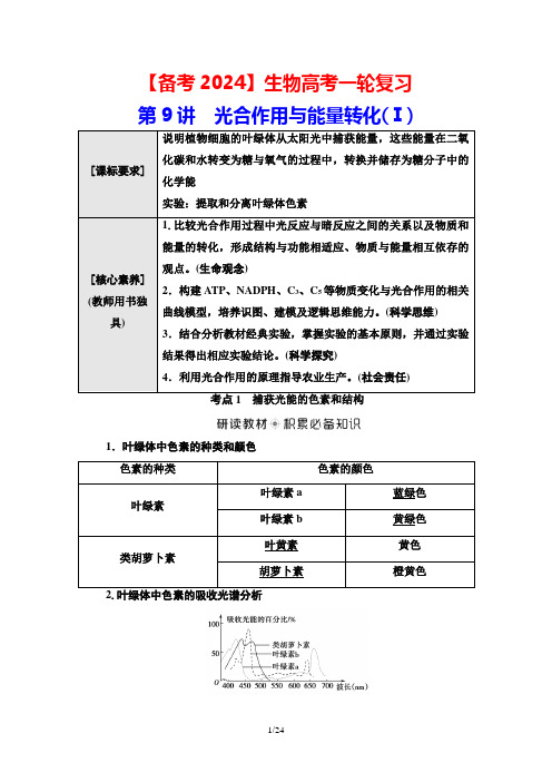 【备考2024】生物高考一轮复习：第9讲 光合作用与能量转化(Ⅰ)