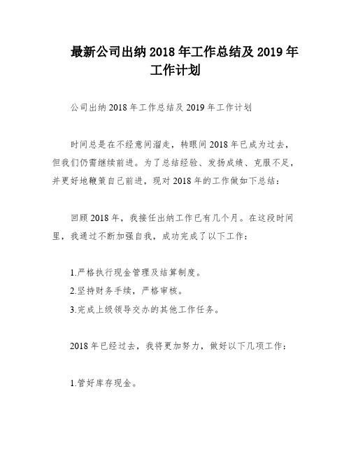 最新公司出纳2018年工作总结及2019年工作计划