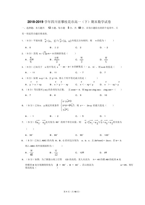 2018-2019学年四川省攀枝花市高一(下)期末数学试卷