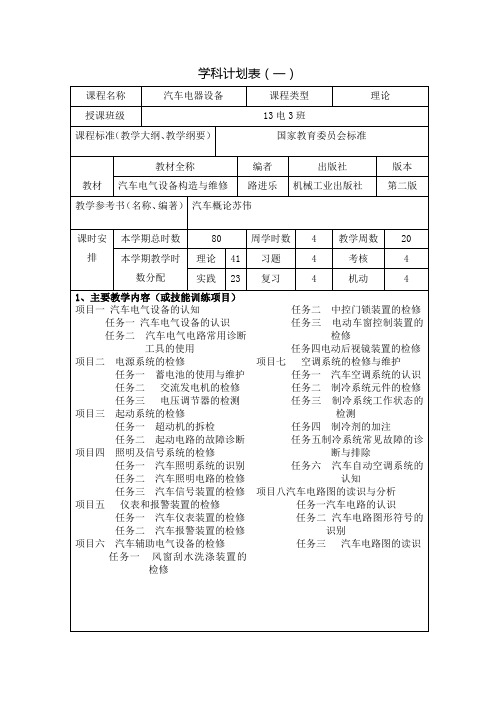 汽车电气设备构造与维修教学计划
