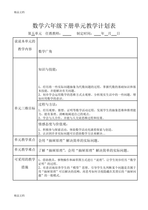 最新数学人教版六年级下册第五单元单元教学计划表