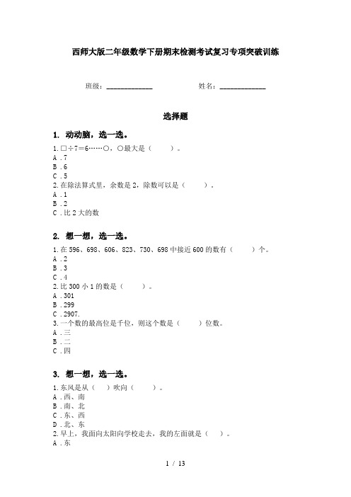 西师大版二年级数学下册期末检测考试复习专项突破训练