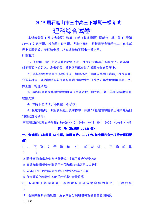 2019届宁夏石嘴山市三中高三下学期一模考试理科综合试卷及答案