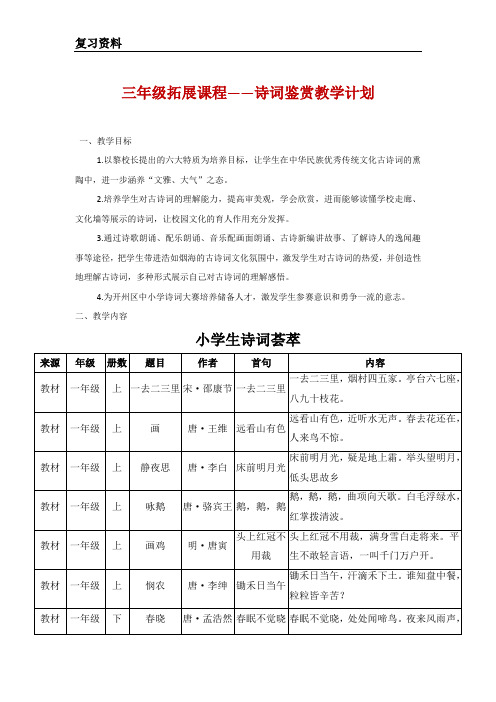 三年级拓展课程古诗鉴赏--教学计划【新整理】