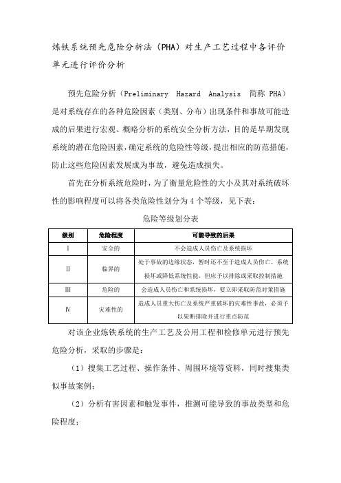 炼铁系统预先危险分析法(PHA)对生产工艺过程中各评价单元进行评价分析