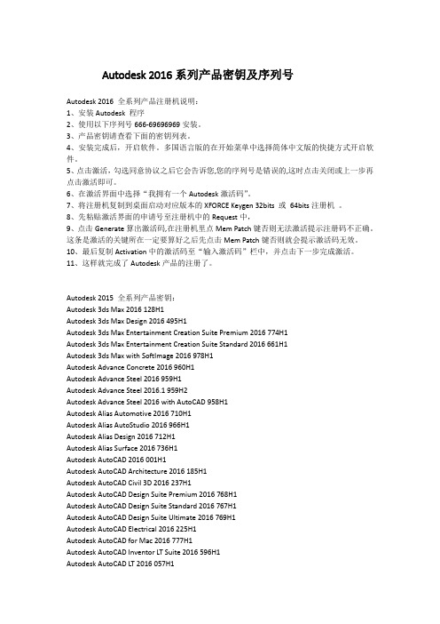 Autodesk 2016系列产品密钥及序列号