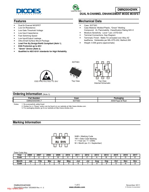 DMN2004DWK-7;中文规格书,Datasheet资料