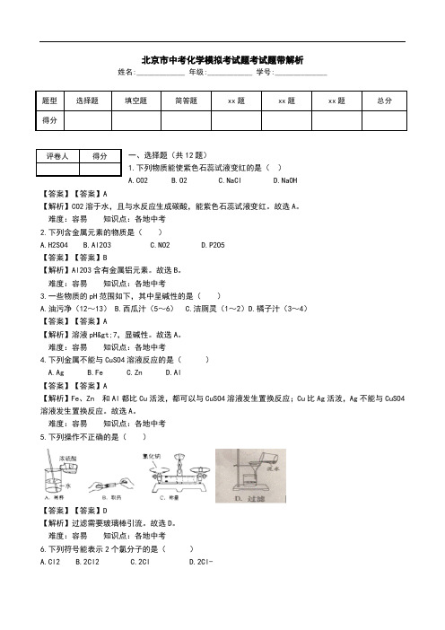 北京市中考化学模拟考试题考试题带解析.doc