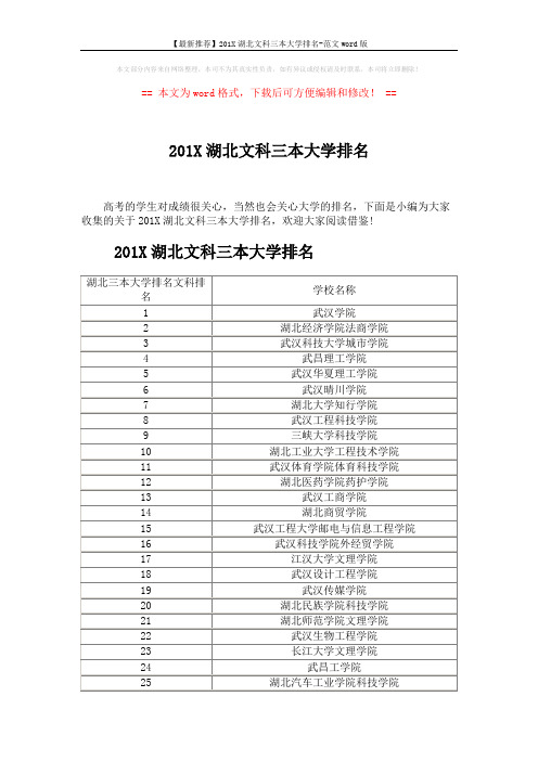 【最新推荐】201X湖北文科三本大学排名-范文word版 (2页)