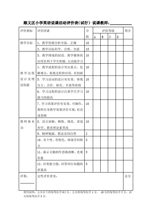 小学英语学科说课评价表