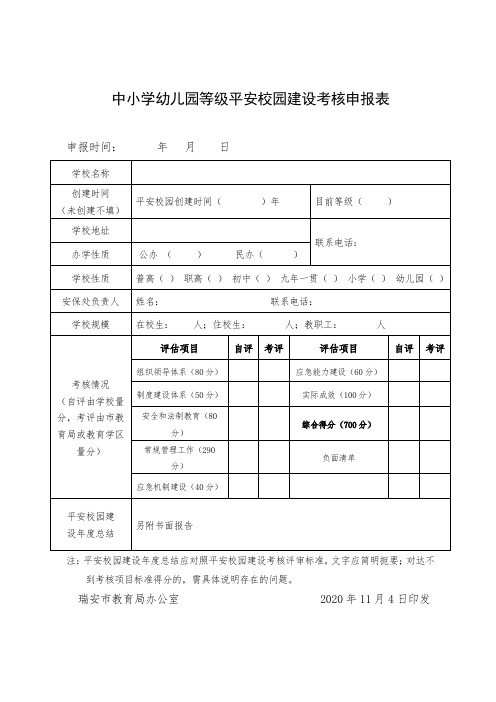 中小学幼儿园等级平安校园建设考核申报表【模板】