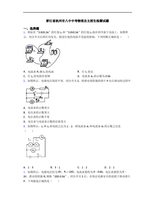 浙江省杭州市八中中考物理自主招生检测试题