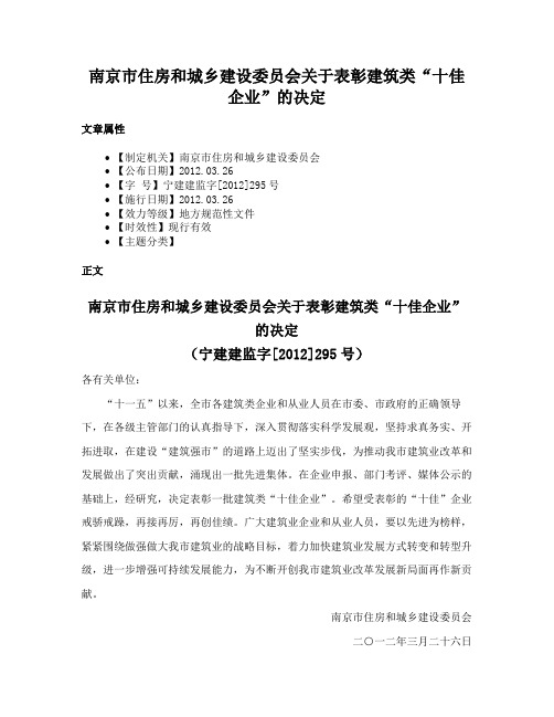 南京市住房和城乡建设委员会关于表彰建筑类“十佳企业”的决定