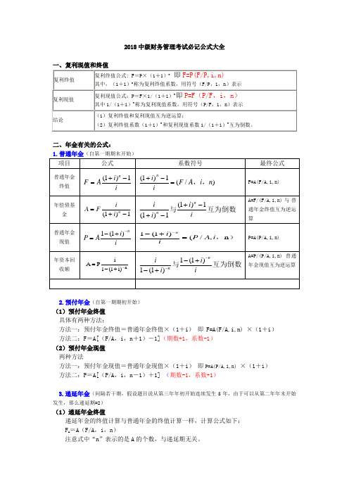 2018中级财务管理考试必记公式大全