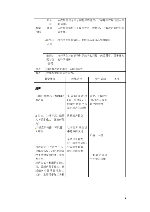 安徽省长丰县下塘实验中学八年级物理全册 3.3 超声与次声教案 沪科版