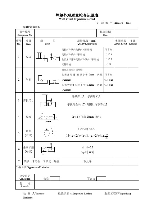 焊缝外观质量检测记录