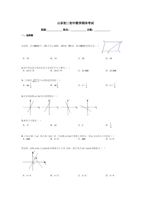 山东初二初中数学期末考试带答案解析
