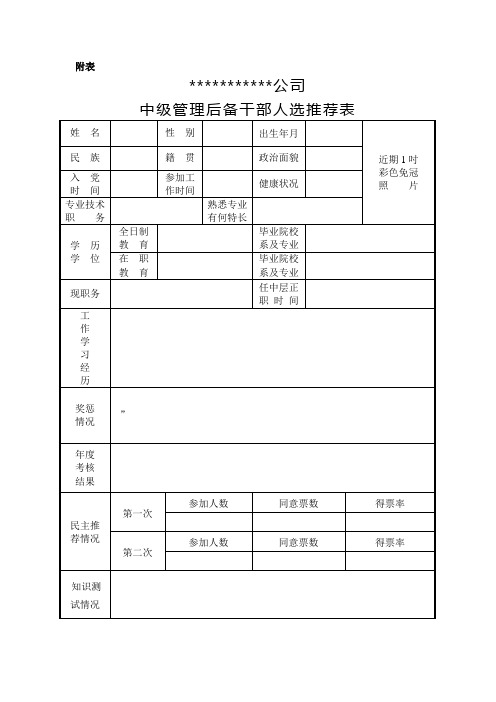 后备干部人选推荐表格式