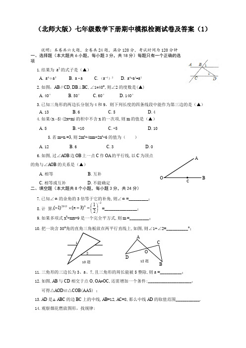 2020最新北师大版七年级数学下册期中测试卷及答案{最优}