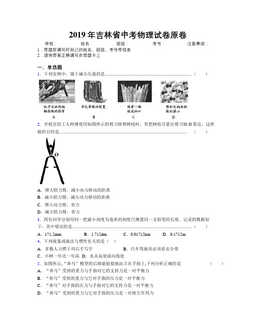 2019年吉林省中考物理试卷原卷附答案