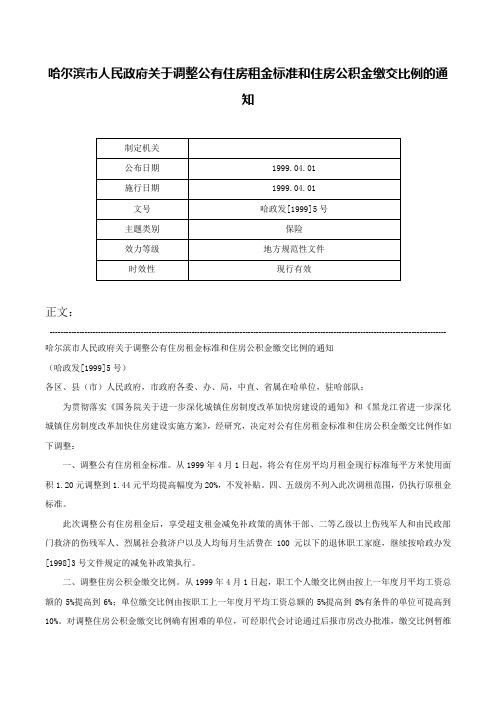 哈尔滨市人民政府关于调整公有住房租金标准和住房公积金缴交比例的通知-哈政发[1999]5号