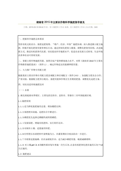 湖南省2015年主要农作物科学施肥指导意见