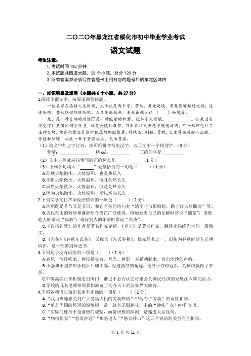 黑龙江省绥化市2020年初中学业水平考试(中考)语文试题及答案