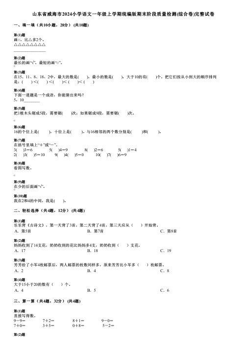 山东省威海市2024小学数学一年级上学期统编版期末阶段质量检测(综合卷)完整试卷