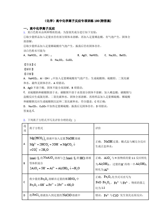 (化学)高中化学离子反应专项训练100(附答案)