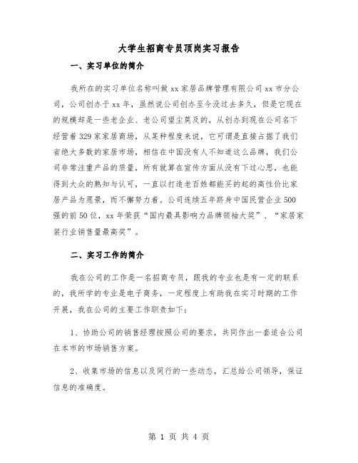 大学生招商专员顶岗实习报告（2篇）