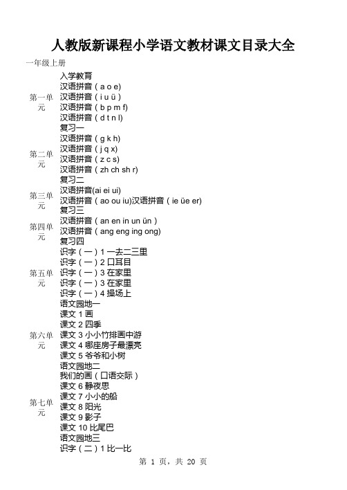 人教版新课程小学语文教材课文目录大全