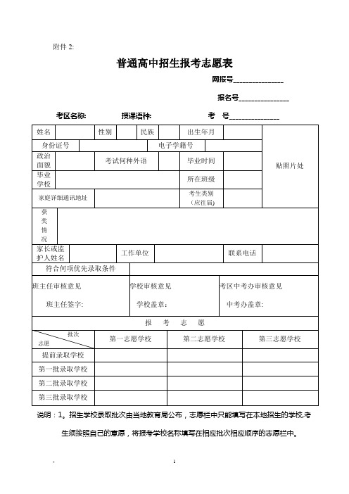 普通高中招生报考志愿表【范本模板】